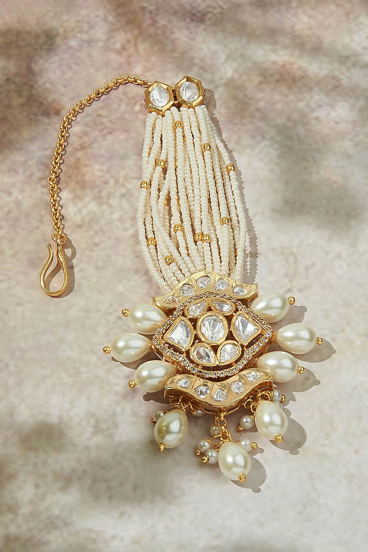 Gold Finish Kundan Polki & Beaded Maangtikka by Joules By Radhika at Pernia's Pop Up Shop