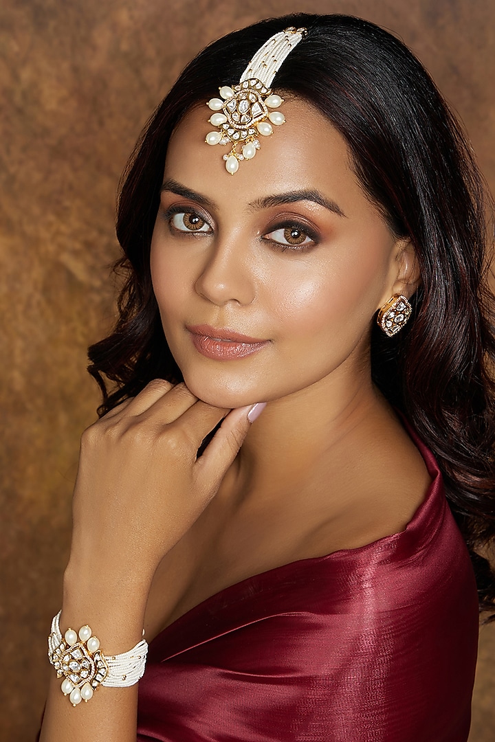 Gold Finish Kundan Polki & Beaded Maangtikka by Joules By Radhika at Pernia's Pop Up Shop