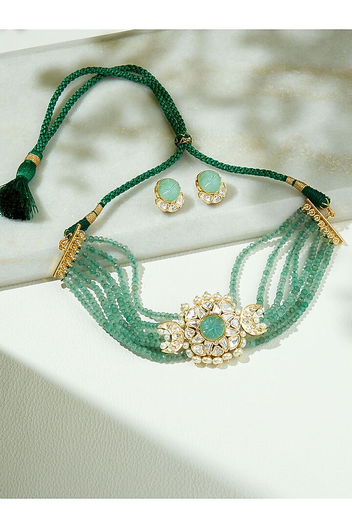Gold Finish Kundan Polki & Green Agate Beaded Choker Necklace Set by Joules By Radhika at Pernia's Pop Up Shop