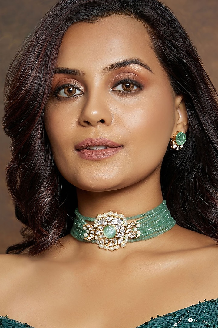 Gold Finish Kundan Polki & Green Agate Beaded Choker Necklace Set by Joules By Radhika at Pernia's Pop Up Shop