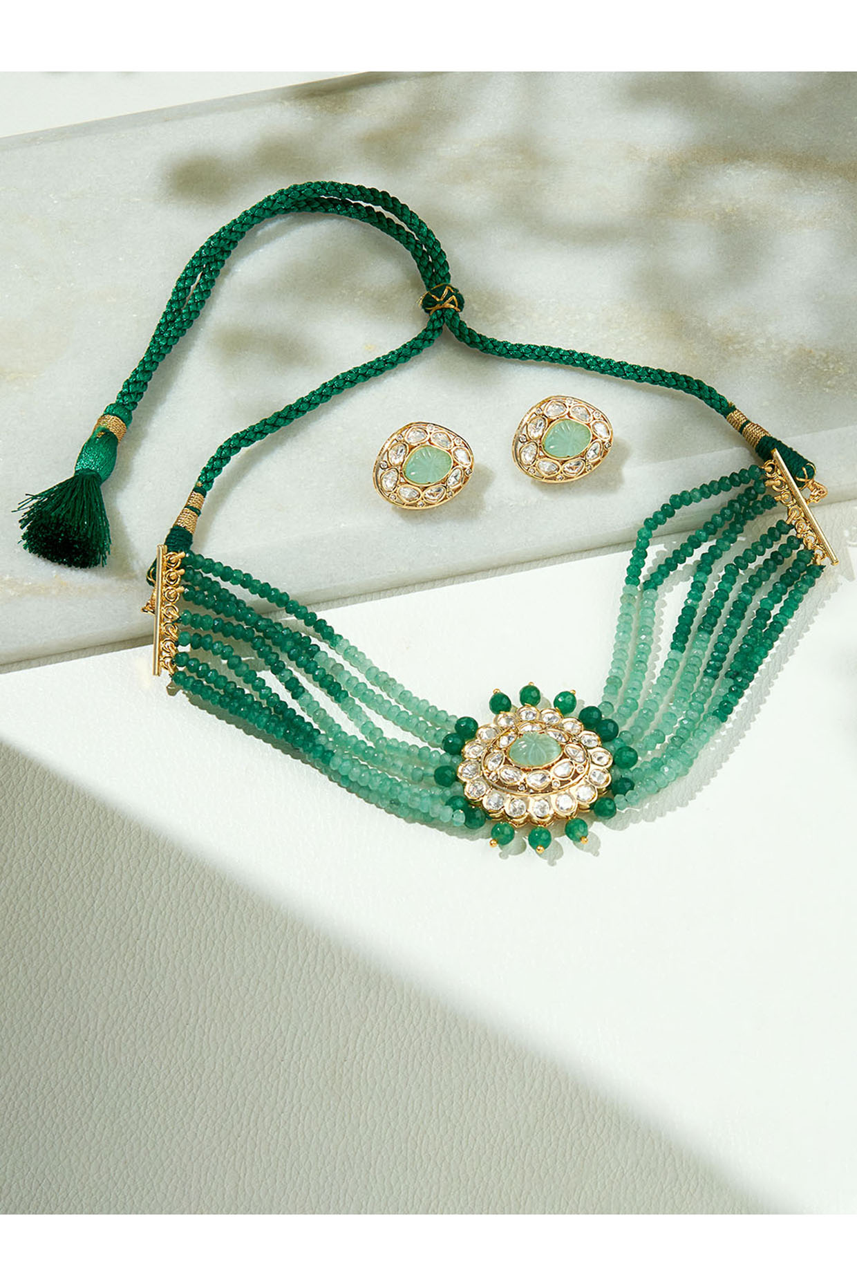 Gold Finish Kundan Polki & Green Agate Beaded Choker Necklace Set Design by  Joules By Radhika at Pernia's Pop Up Shop 2024