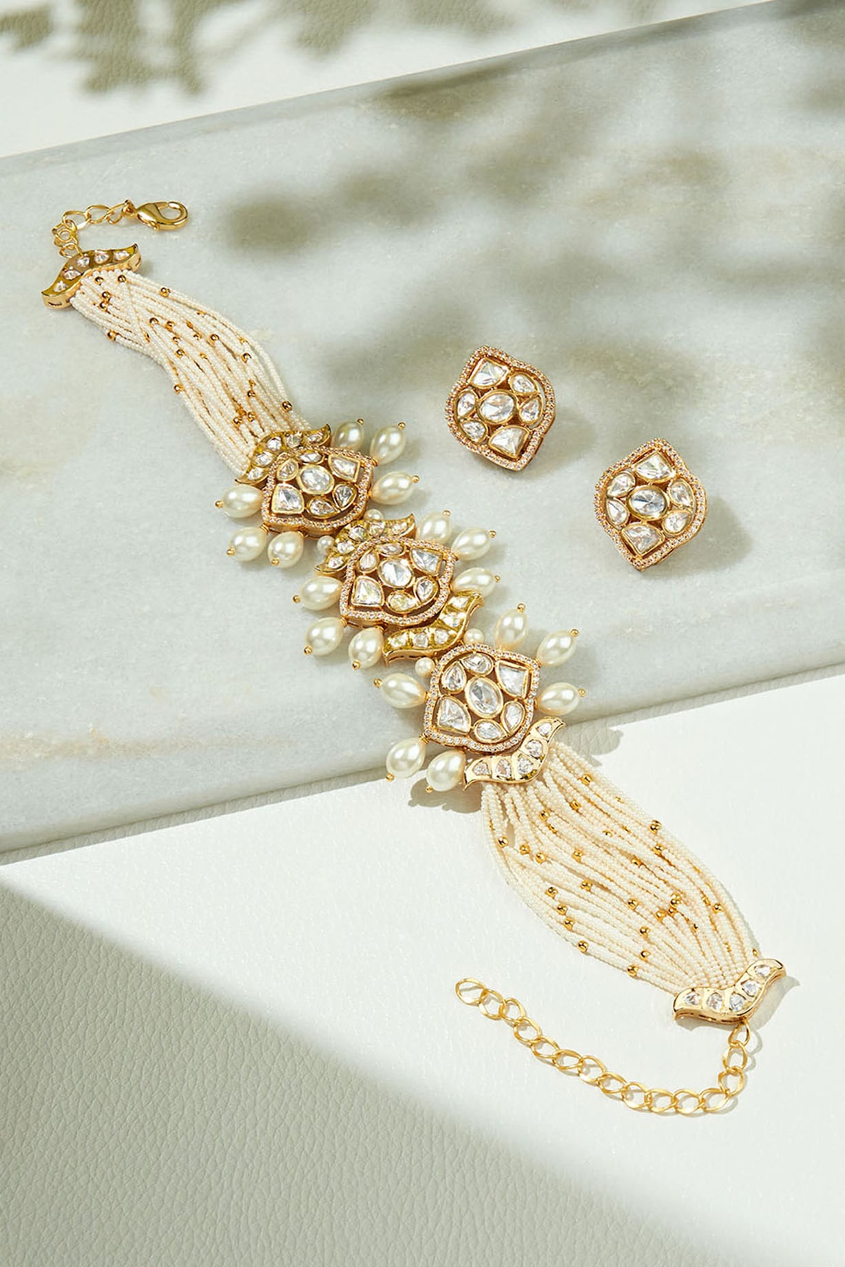 Gold Finish Kundan Polki Beaded Choker Necklace Set by Joules By