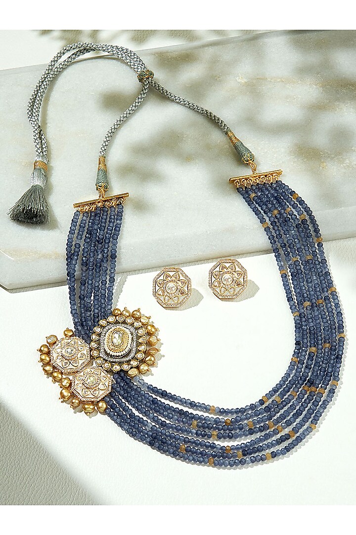 Gold Finish Kundan Polki And Blue Agate Beaded Layered Necklace Set