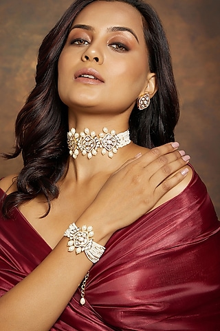 Gold Finish Kundan Polki & Pearl Beaded Bracelet by Joules By Radhika