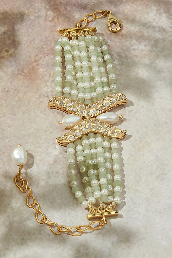 Gold Finish Kundan Polki & Agate Beaded Bracelet by Joules By Radhika at Pernia's Pop Up Shop