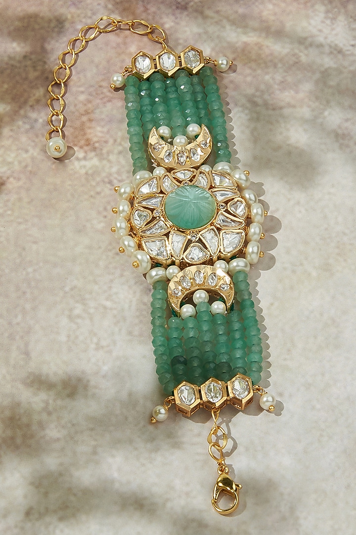 Gold Finish Carved Stone & Green Agate Beaded Bracelet by Joules By Radhika at Pernia's Pop Up Shop