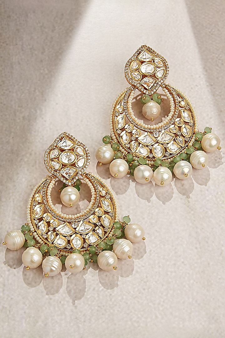 Gold Finish Kundan Polki & Green Agate Chandbaali Earrings by Joules By Radhika at Pernia's Pop Up Shop