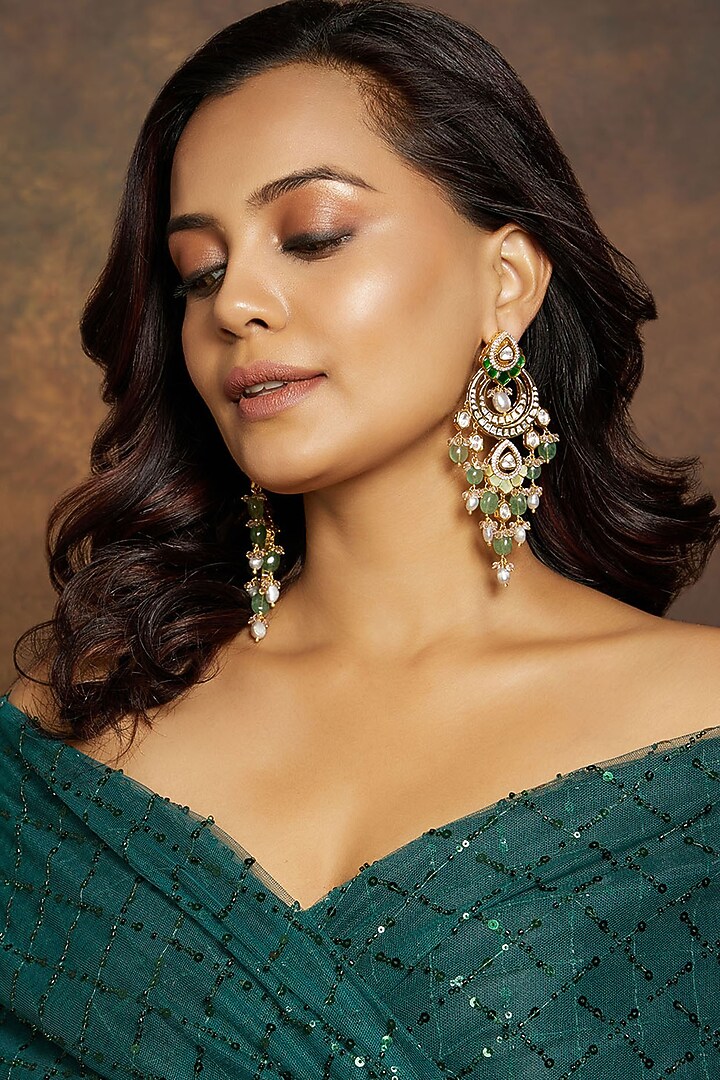 Gold Finish Green Jade Bead & Pearl Chandbali Earrings by Joules By Radhika at Pernia's Pop Up Shop