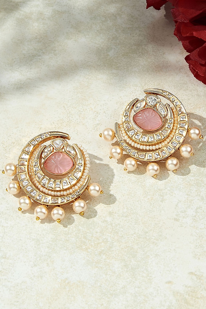Gold Finish Pink Stone & Pearl Chandbali Earrings by Joules By Radhika at Pernia's Pop Up Shop