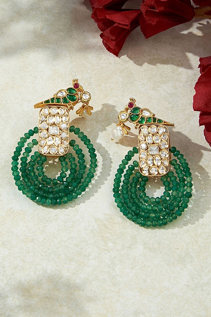 Gold Finish Kundan Polki & Green Agate Dangler Earrings by Joules By Radhika at Pernia's Pop Up Shop