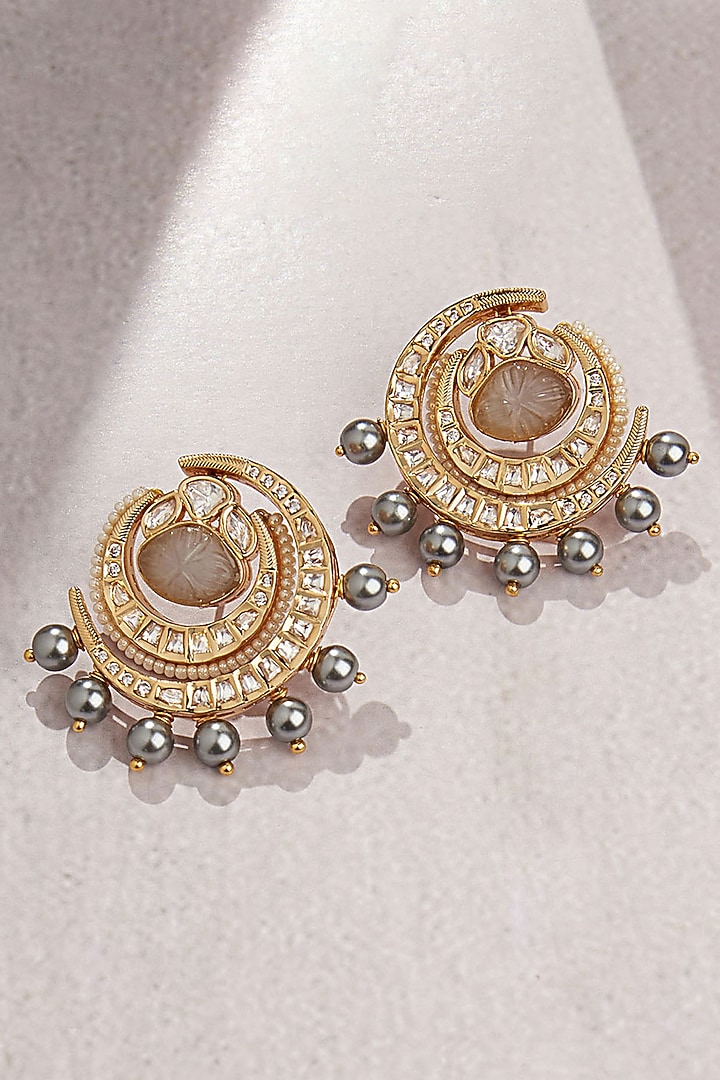 Gold Finish Kundan Polki & Pearls Stud Earrings by Joules By Radhika at Pernia's Pop Up Shop
