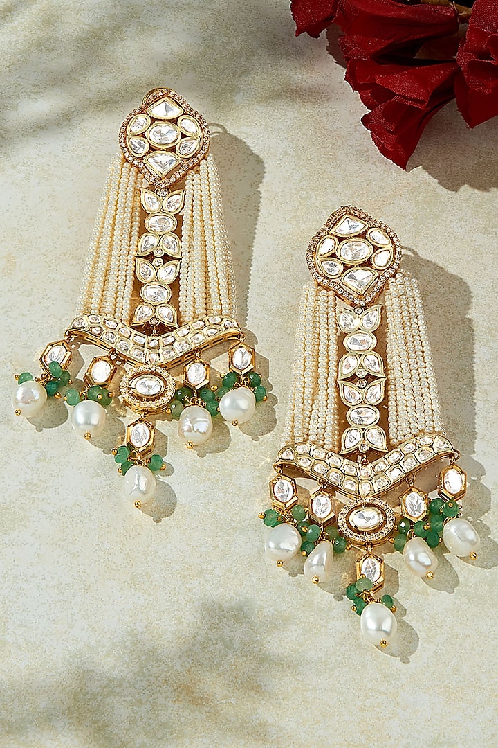 Gold Finish Green Bead Pearl Dangler Earrings by Joules By