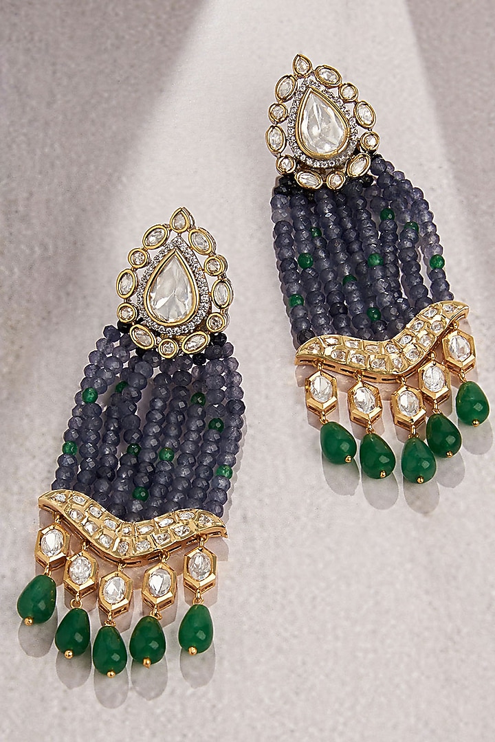 Gold Finish Kundan Polki & Blue Agate Bead Dangler Earrings by Joules By Radhika at Pernia's Pop Up Shop