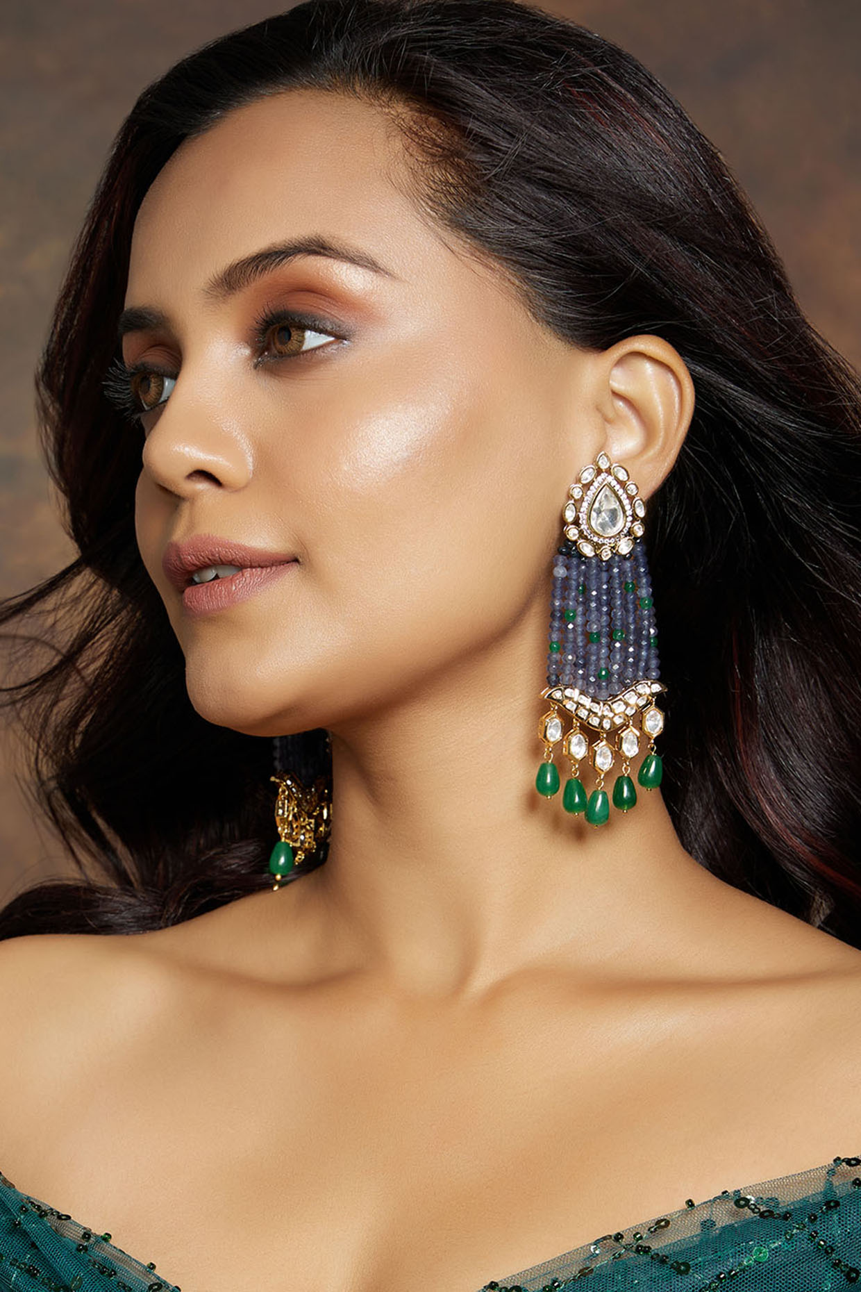 Gold Finish Kundan Polki & Blue Agate Bead Dangler Earrings by Joules By Radhika