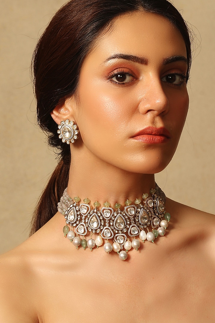 Gold Finish Grey Stone Necklace Set by Joules By Radhika at Pernia's Pop Up Shop