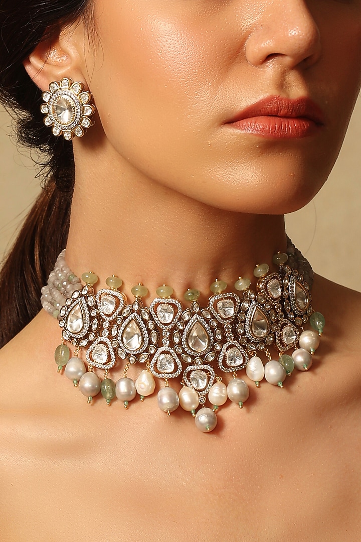 Gold Finish Grey Stone Necklace Set by Joules By Radhika at Pernia's Pop Up Shop
