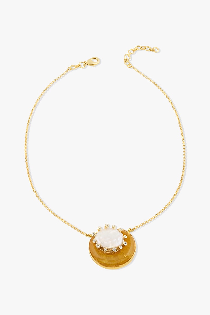 Gold Finish Beige Agate Stone & Baroque Pearl Nahlira Necklace by Joules By Radhika at Pernia's Pop Up Shop