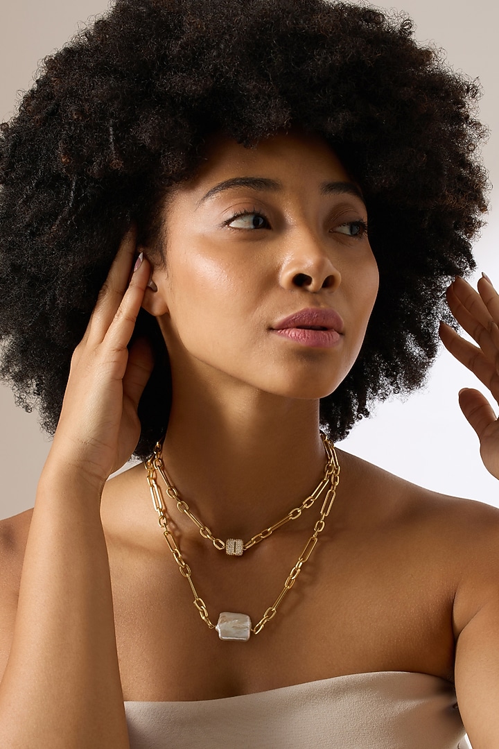 Gold Finish Baroque Pearl Uzara Necklace by Joules By Radhika at Pernia's Pop Up Shop