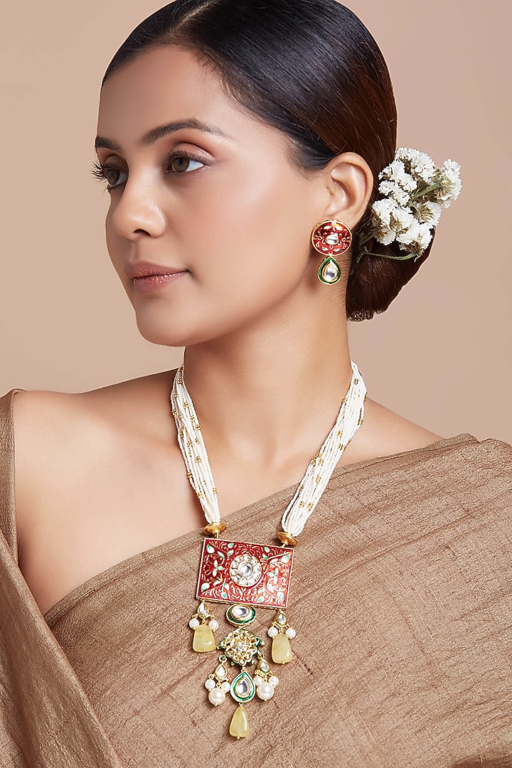 Gold Finish Yellow Onyx Long Necklace Set by Joules By Radhika at Pernia's Pop Up Shop