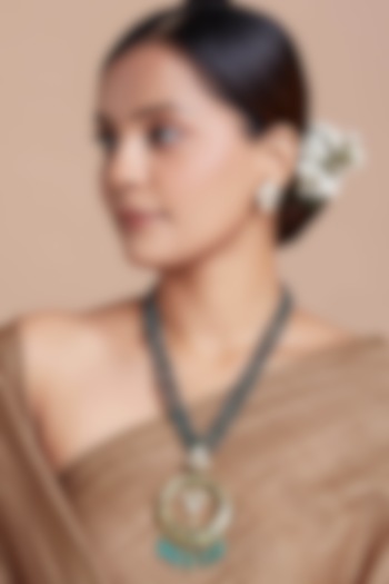 Gold Finish Grey Hydro Polkis Long Deep Blue Meenakari Necklace Set by Joules By Radhika at Pernia's Pop Up Shop