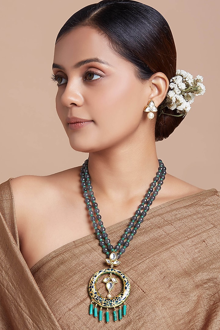 Gold Finish Grey Hydro Polkis Long Deep Blue Meenakari Necklace Set by Joules By Radhika at Pernia's Pop Up Shop