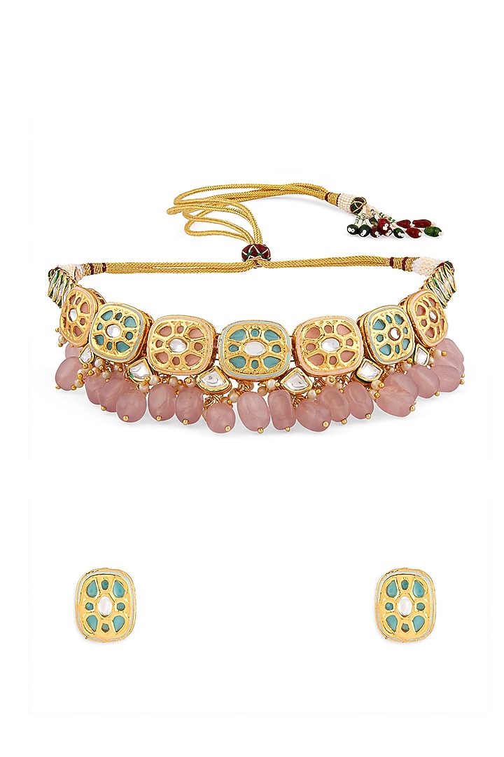 Gold Finish Jade Tumble Multi-Colored Meenakari Choker Necklace Set by Joules By Radhika at Pernia's Pop Up Shop