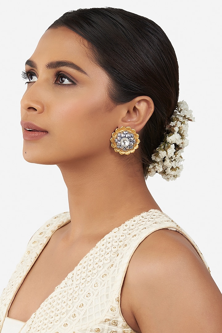 Gold Finish Hydro Polki Stud Earrings by Joules By Radhika