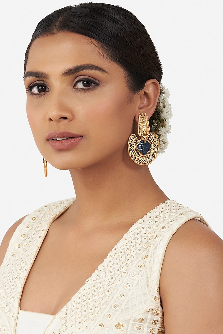 Gold Finish Blue Onyx Chandabali Earrings by Joules By Radhika