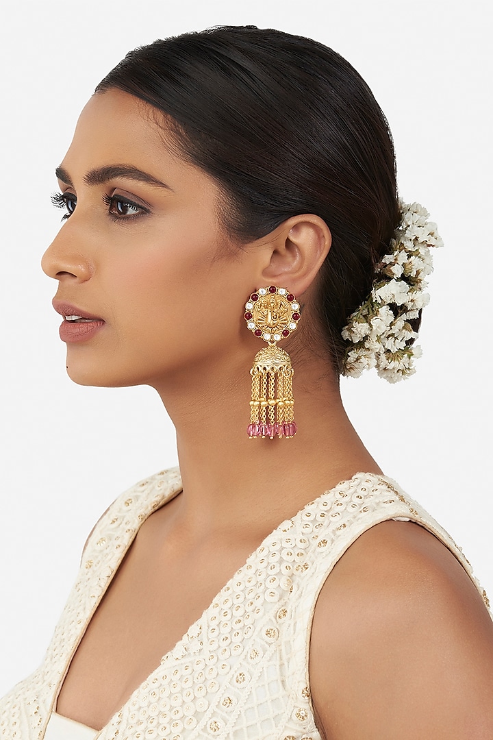 Gold Finish Hydro Rubies Drop Earrings by Joules By Radhika