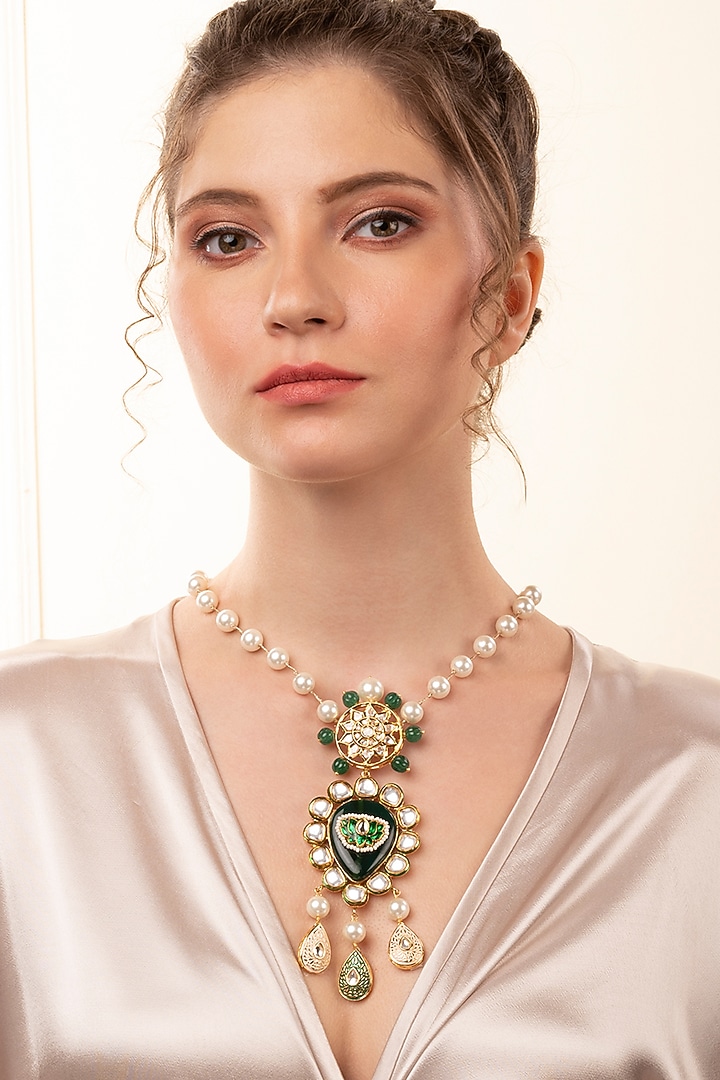 Gold Finish Kundan Polki & Pearl Pendant Necklace by Joules By Radhika at Pernia's Pop Up Shop