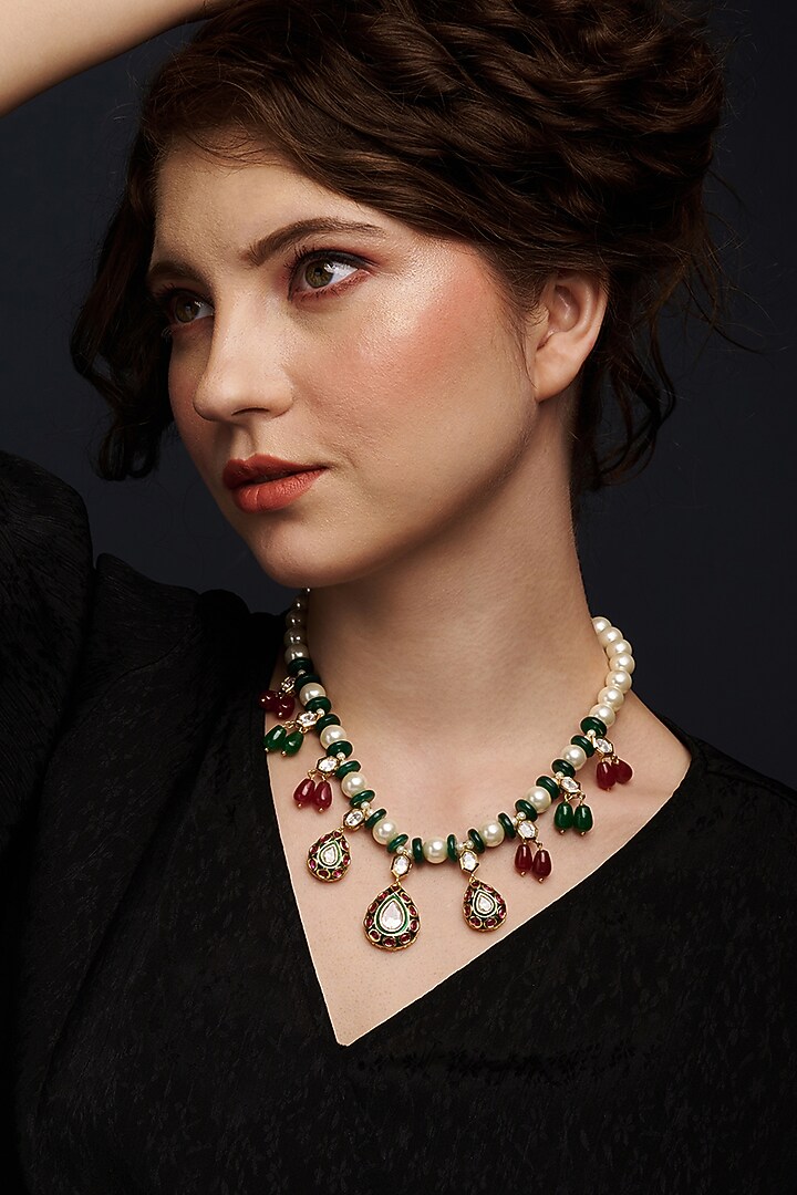 Gold Finish Kundan Polki & Pearl Meenakari Necklace by Joules By Radhika at Pernia's Pop Up Shop