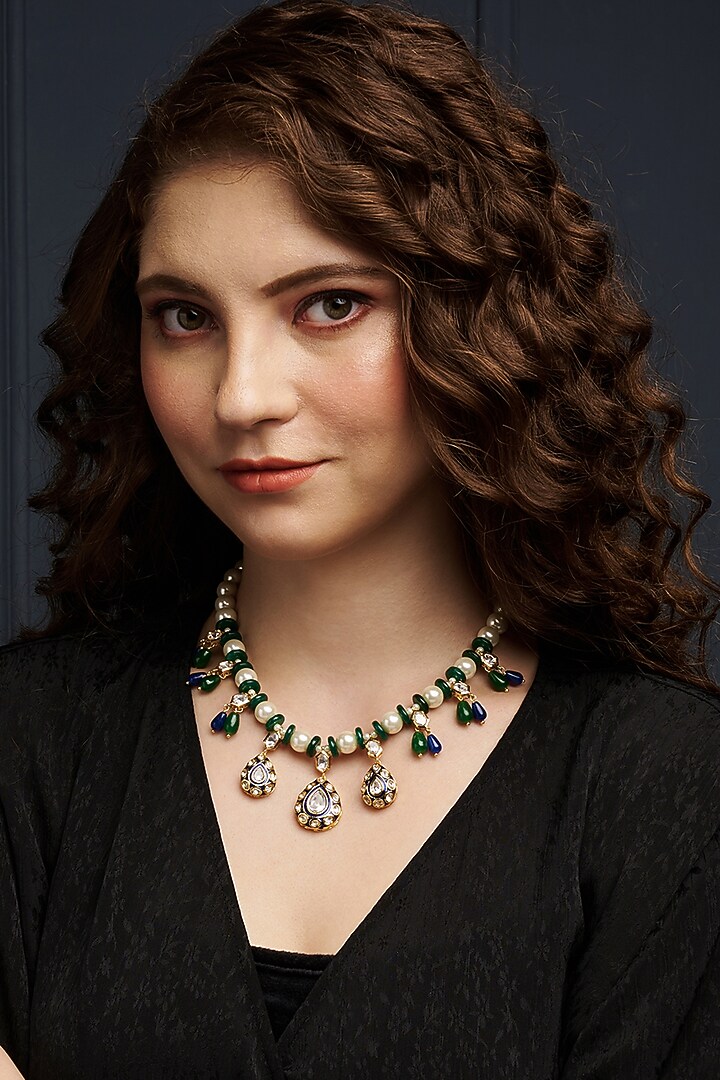 Gold Finish Green Agate & Pearl Enameled Pendant Necklace by Joules By Radhika at Pernia's Pop Up Shop