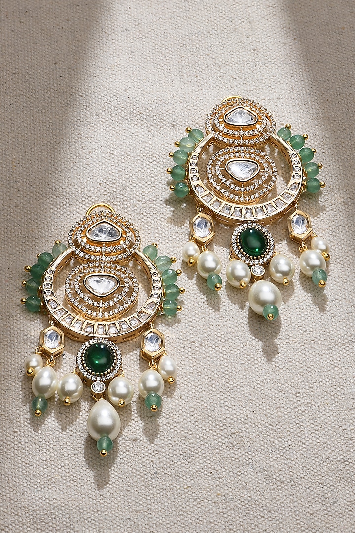 Gold Finish Green Stone Dangler Earrings by Joules By Radhika at Pernia's Pop Up Shop