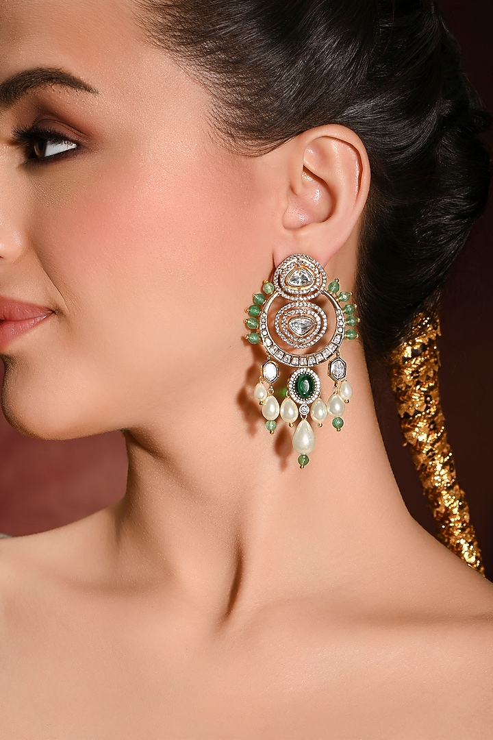 Gold Finish Green Stone Dangler Earrings by Joules By Radhika at Pernia's Pop Up Shop