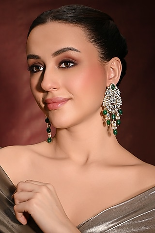 Gold Finish Green Stone Dangler Earrings by Joules By Radhika