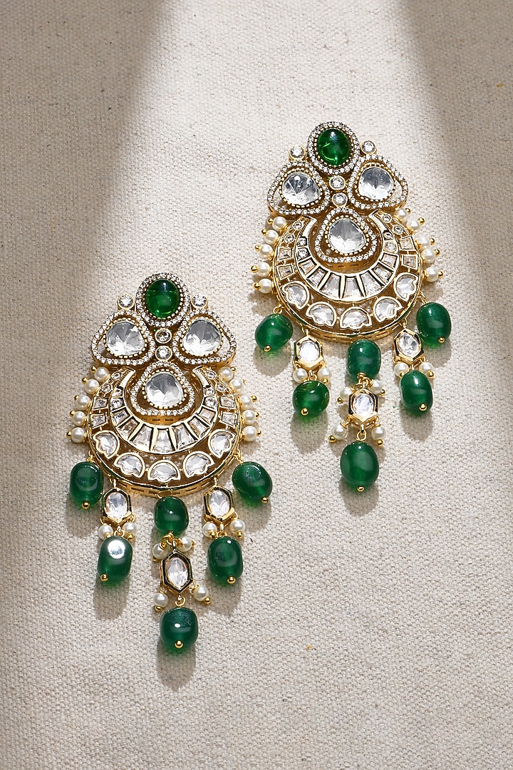 Gold Finish Green Stone Dangler Earrings by Joules By Radhika at Pernia's Pop Up Shop
