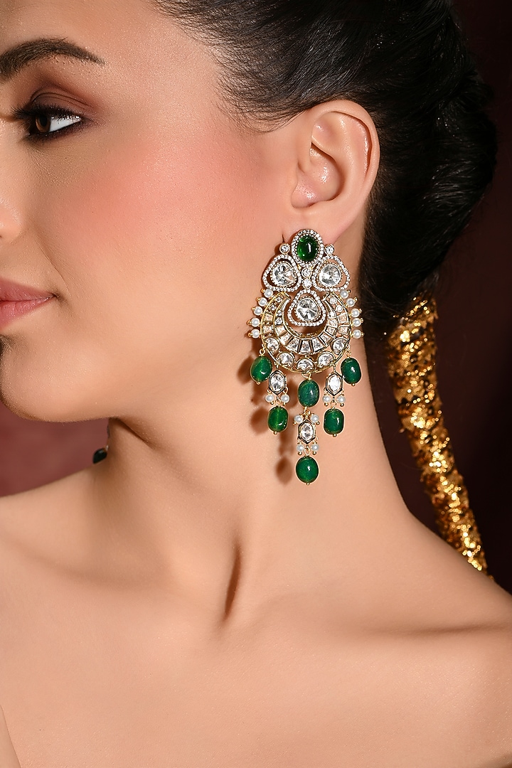 Gold Finish Green Stone Dangler Earrings by Joules By Radhika at Pernia's Pop Up Shop