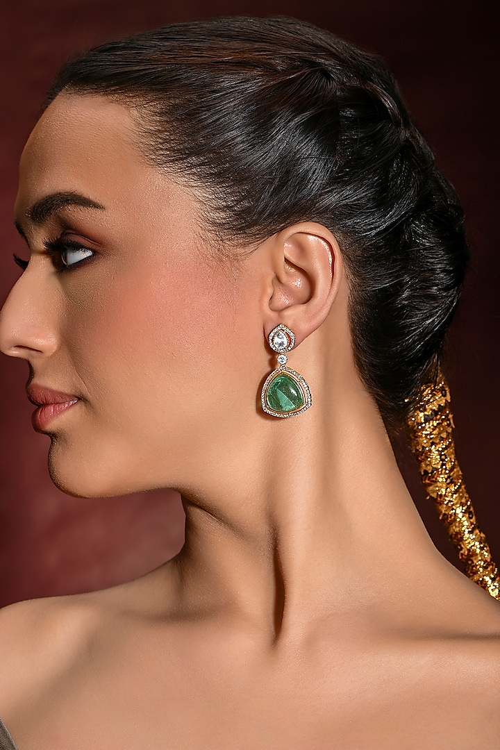 Gold Finish Green Stone Dangler Earrings by Joules By Radhika at Pernia's Pop Up Shop