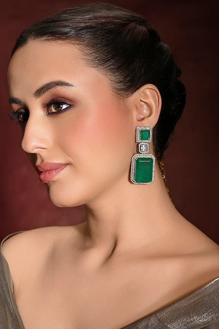 Gold Finish Green Stone Dangler Earrings by Joules By Radhika