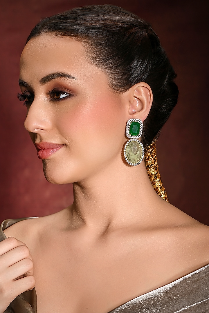 Gold Finish Green Stone Dangler Earrings by Joules By Radhika