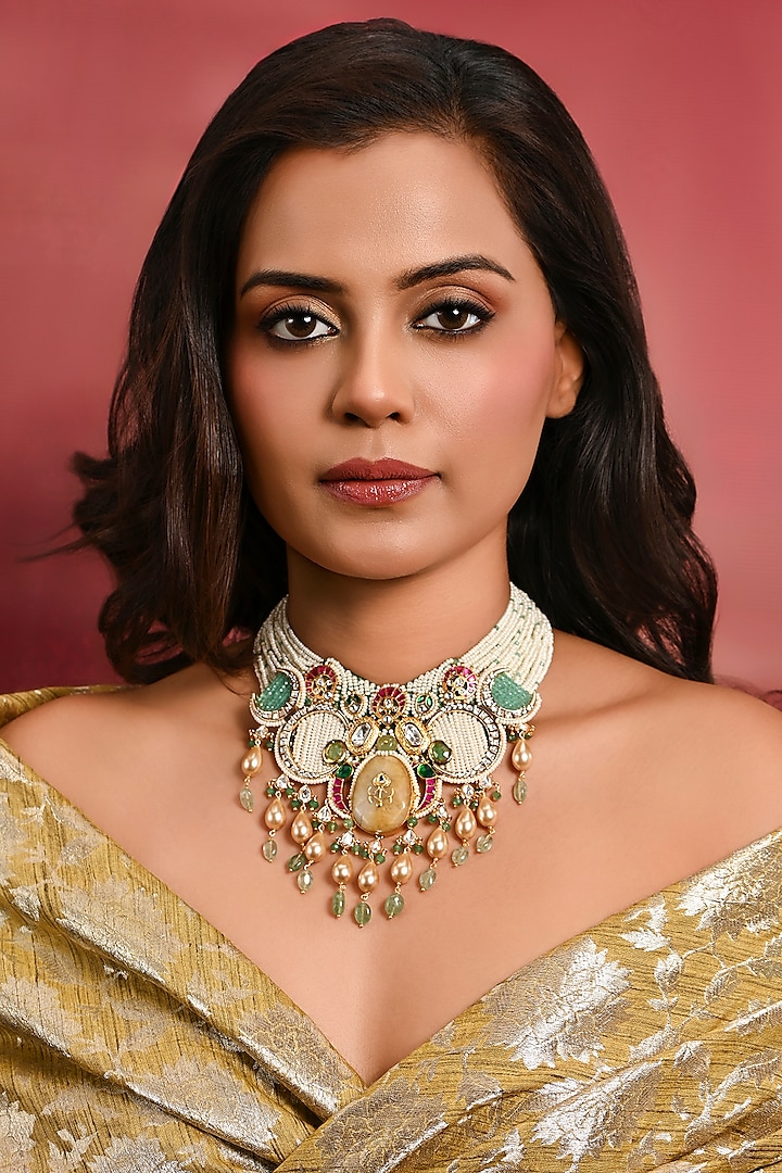 Gold Finish Multi-Colored Beaded Necklace by Joules By Radhika at Pernia's Pop Up Shop