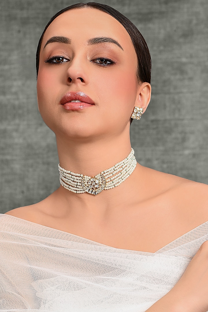 Gold Finish Green Beaded Choker Necklace Set by Joules By Radhika at Pernia's Pop Up Shop