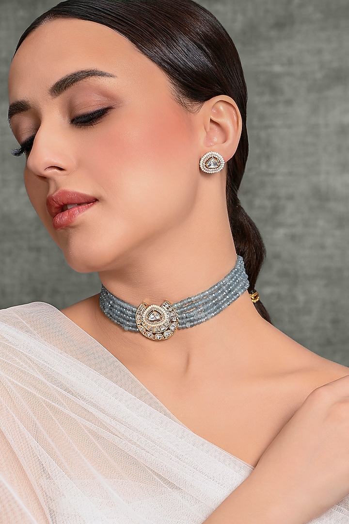 Gold Finish Blue Stone Choker Necklace Set by Joules By Radhika at Pernia's Pop Up Shop