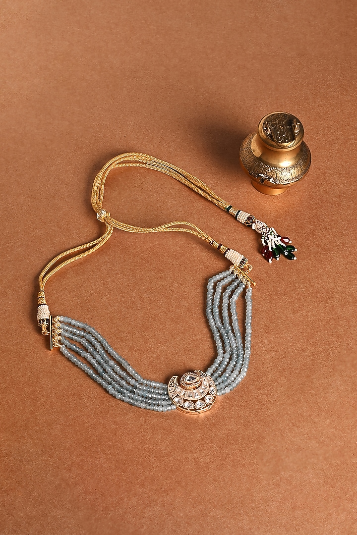 Gold Finish Blue Stone Choker Necklace Set by Joules By Radhika at Pernia's Pop Up Shop