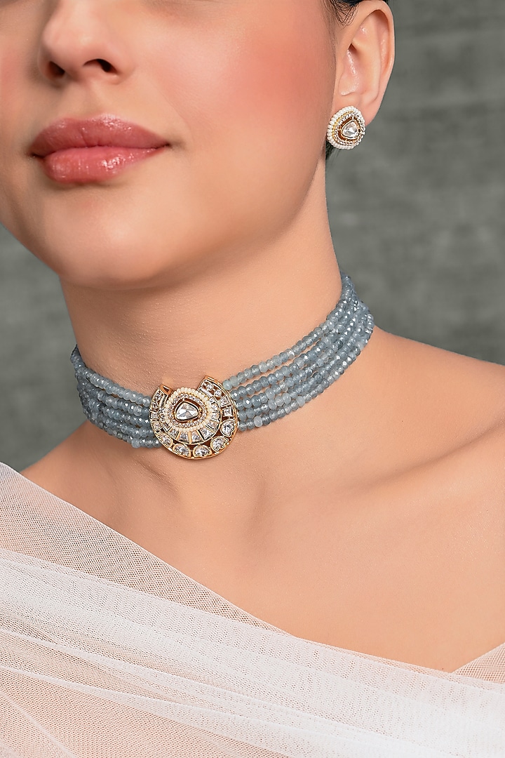 Gold Finish Blue Stone Choker Necklace Set by Joules By Radhika at Pernia's Pop Up Shop