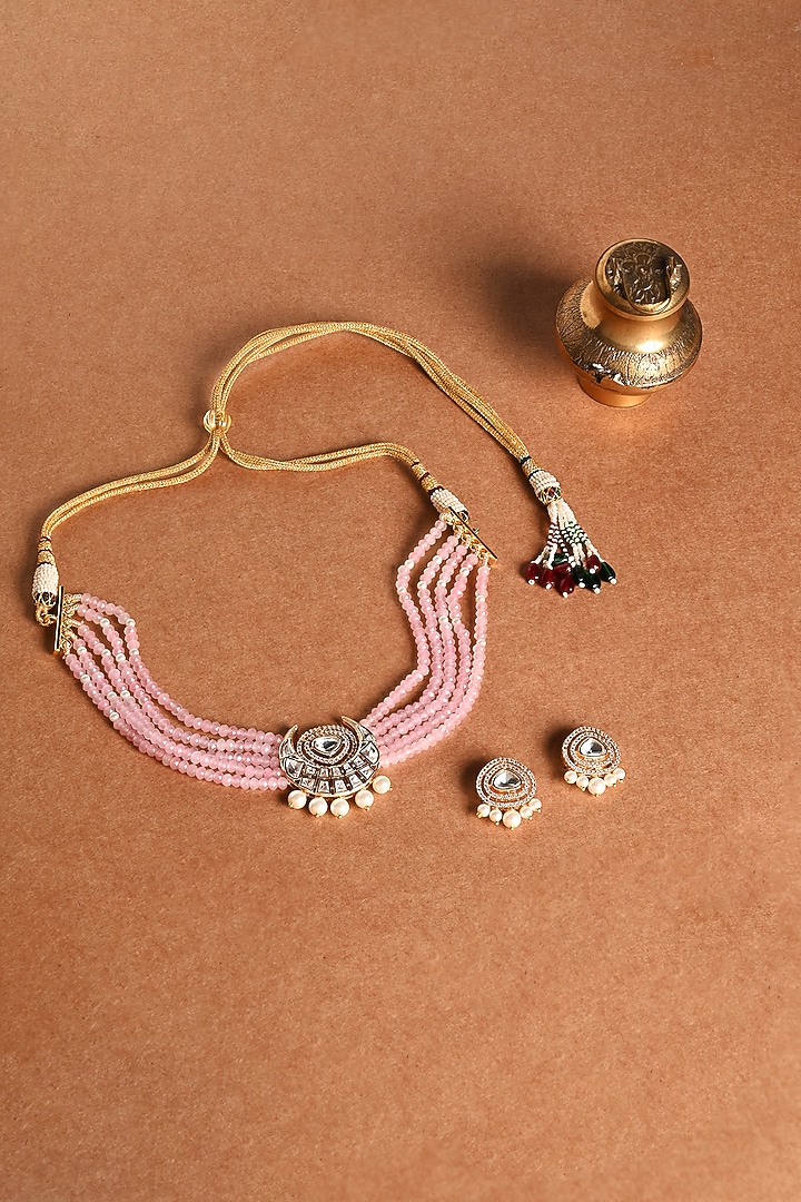 Gold Finish Pink Beaded Choker Necklace Set by Joules By Radhika at Pernia's Pop Up Shop