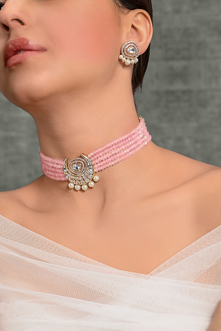 Gold Finish Pink Beaded Choker Necklace Set by Joules By Radhika at Pernia's Pop Up Shop