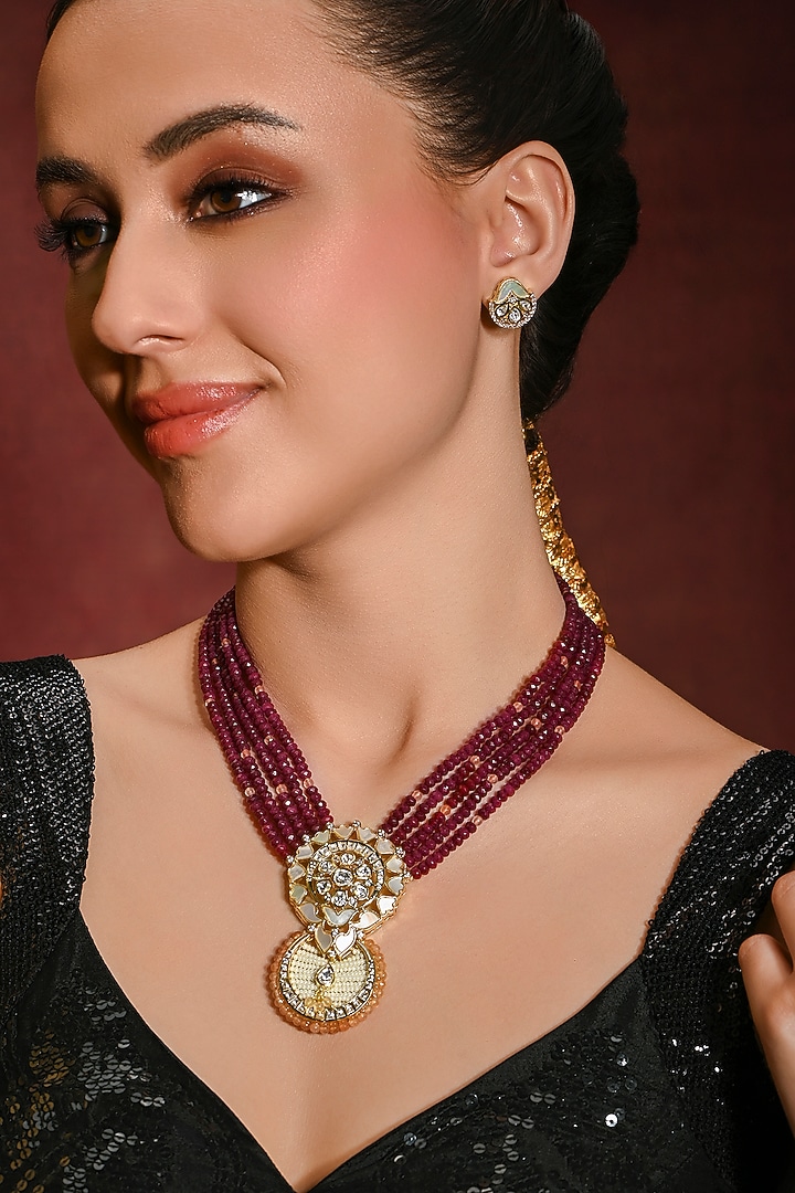 Gold Finish Red Stone Necklace Set by Joules By Radhika at Pernia's Pop Up Shop