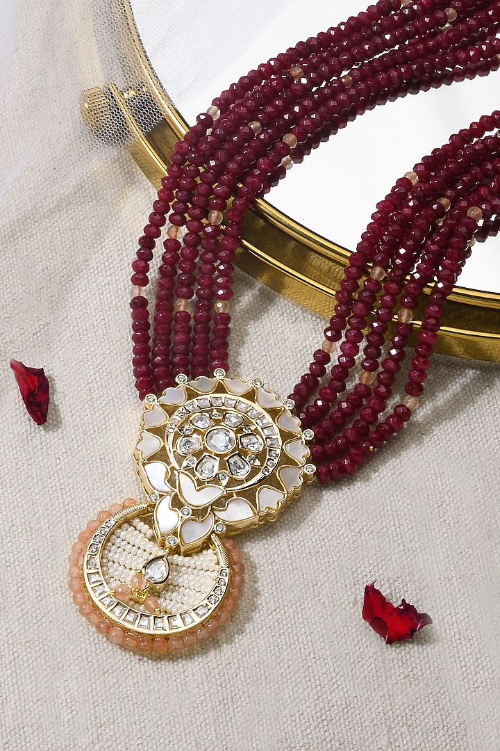 Gold Finish Red Stone Necklace Set by Joules By Radhika at Pernia's Pop Up Shop