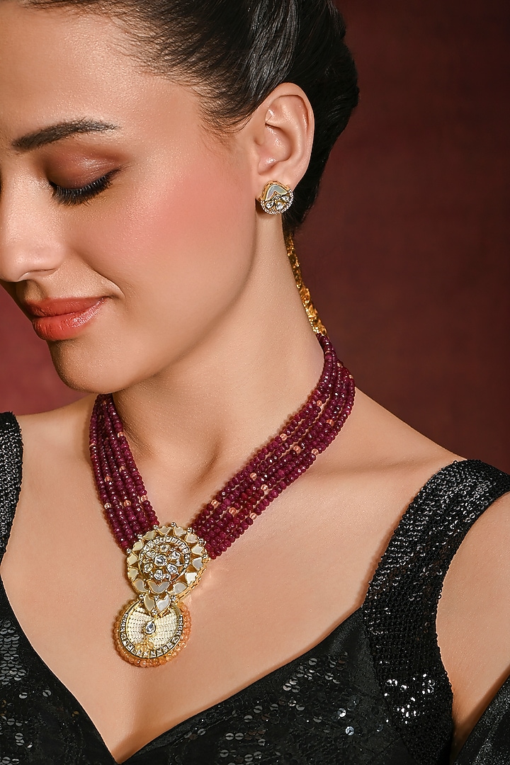 Gold Finish Red Stone Necklace Set by Joules By Radhika at Pernia's Pop Up Shop